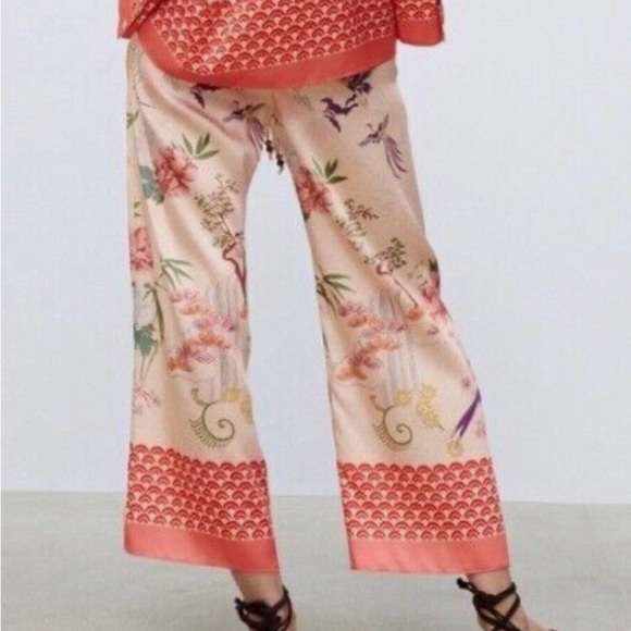 Zara Chinoiserie Silky Bird Floral Print Drawstring Wide Leg Cropped Pants - S - Picture 2 of 8